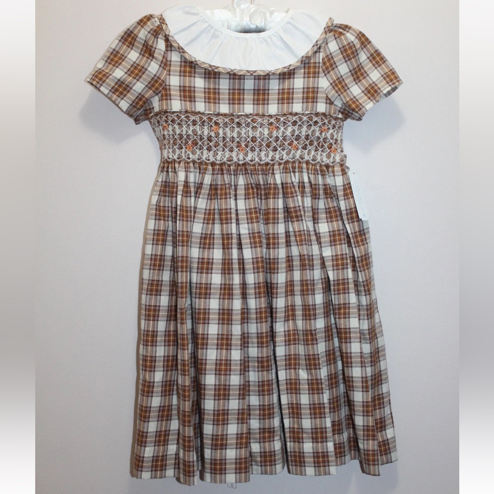 Edgehill Collection Brown and White Plaid Smocked Dress